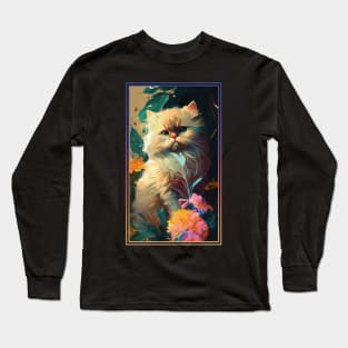 Persian Cat Vibrant Tropical Flower Tall Digital Oil Painting Portrait 2 Long Sleeve T-Shirt